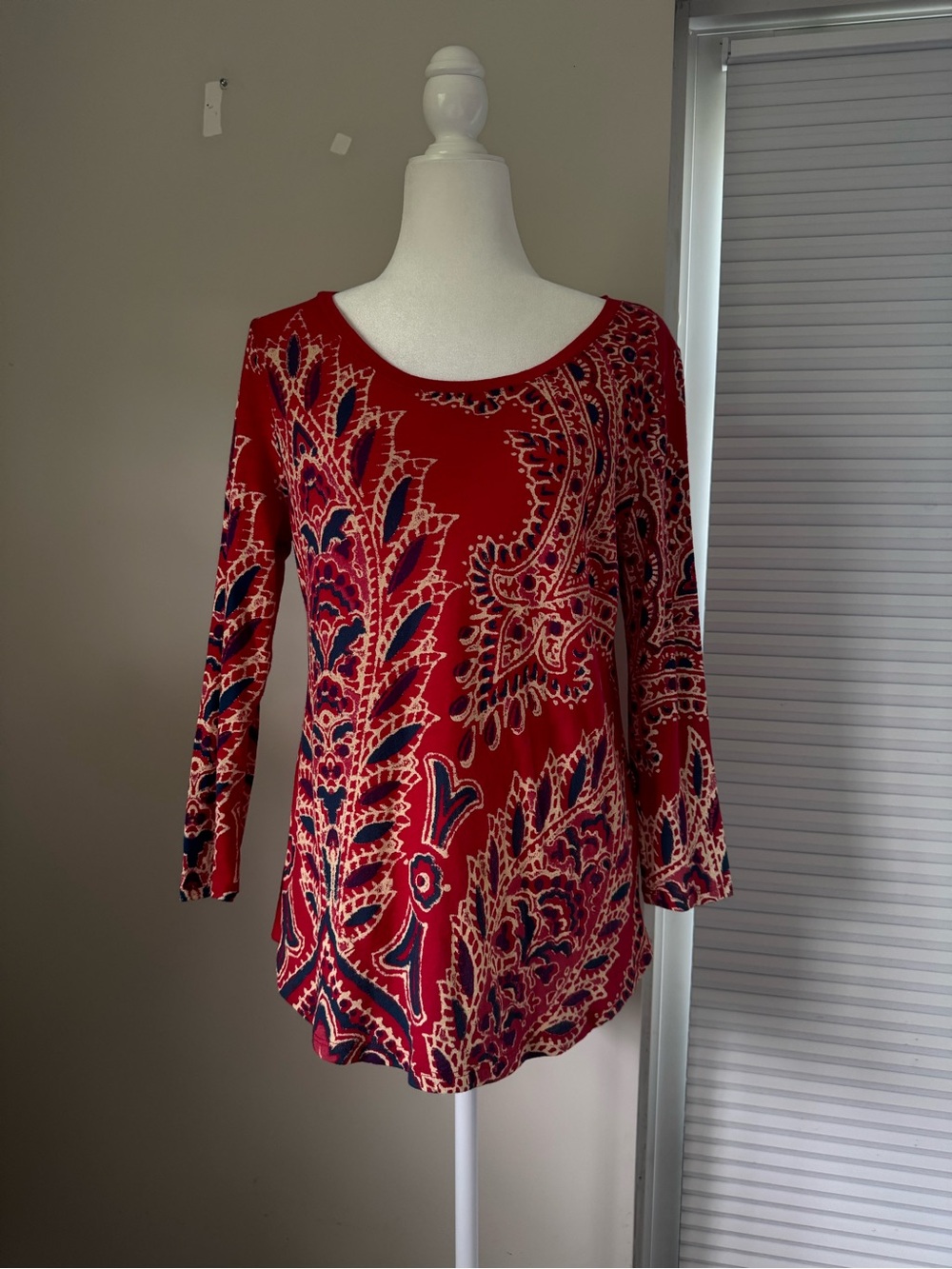 Lucky Brand Red Paisley Long Sleeve Scoop Neck Tee with Navy & Cream Accents